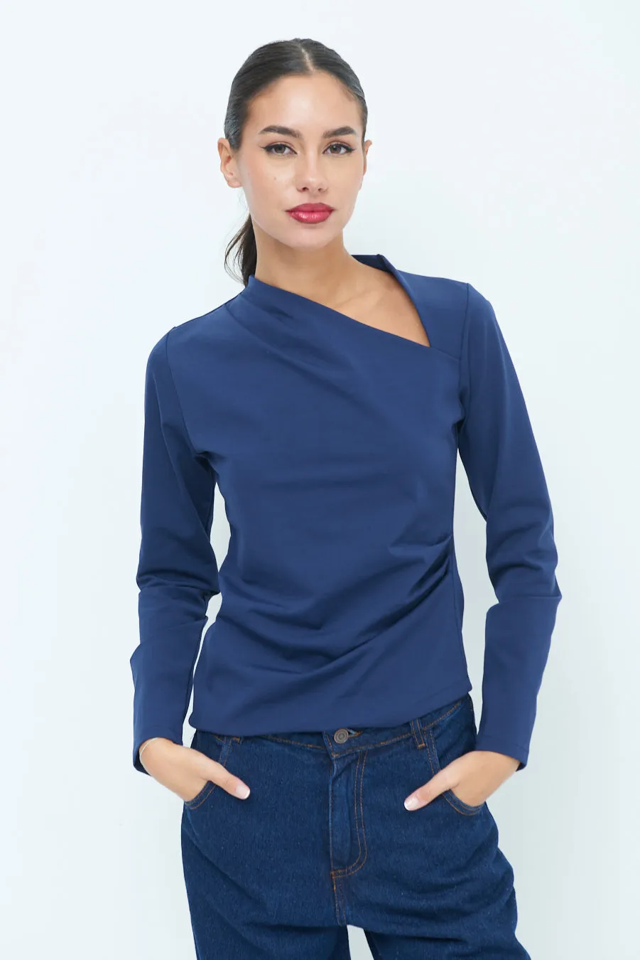 Asymmetrical neck long sleeve top wholesale