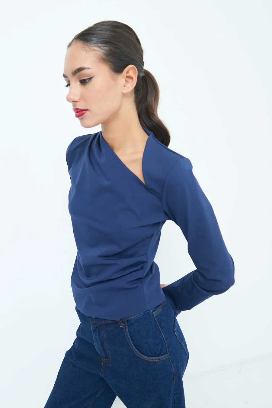 Asymmetrical neck long sleeve top wholesale